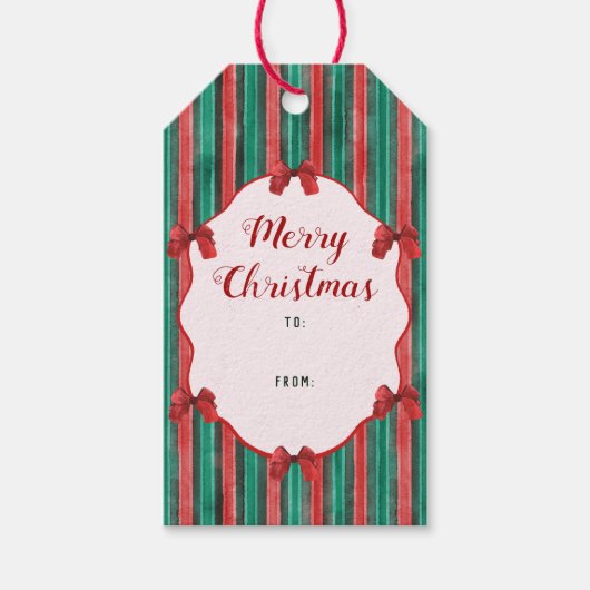 ウォーターカラー 赤いリボン ストライプ クリスマス ギフトタグ (正面)