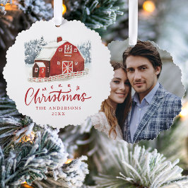ウォーターカラー 赤い納屋 メリークリスマス 写真 オーナメントカード