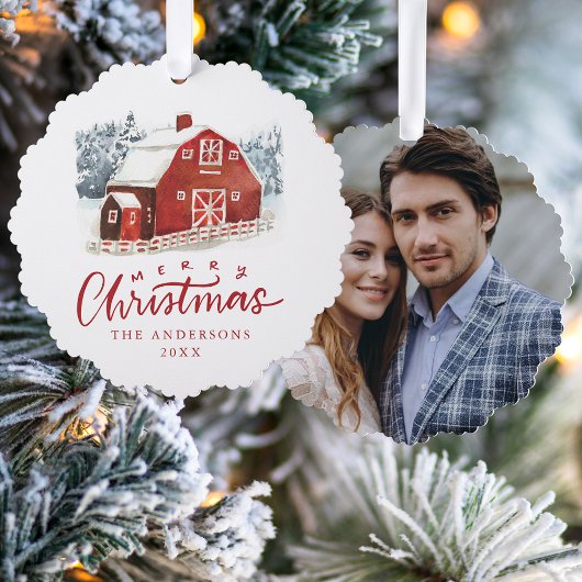 ウォーターカラー 赤い納屋 メリークリスマス 写真 オーナメントカード