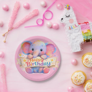 ウォーターカラー 赤ちゃん 象 ハッピーバースデー 17.8 cm p ペーパープレート
