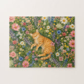 ウォーターカラー・野生の花のオレンジ色の眠り猫パズル ジグソーパズル (横)