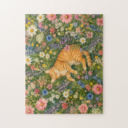 ウォーターカラー・野生の花のオレンジ色の眠り猫パズル ジグソーパズル (縦)
