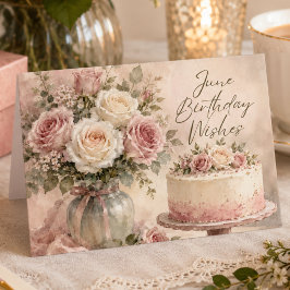 ウォーターカラー ６月 誕生日カード ピンクのバラとケーキ カード
