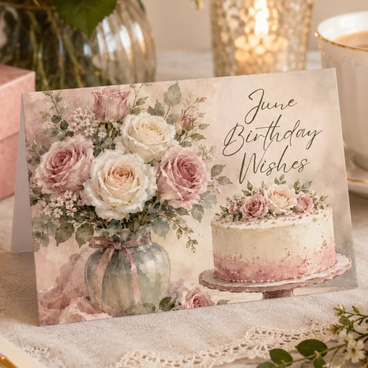 ウォーターカラー 6月 誕生日カード ピンクのバラとケーキ カード