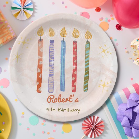 ウォーターカラー 5本のキャンドル 子供の誕生日 ペーパープレート