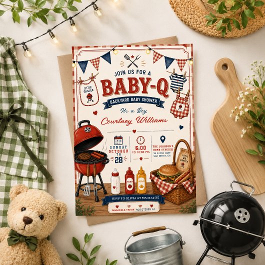 ウォーターカラー BBQ 庭園 ラスティック ベビーシャワー サマー 招待状