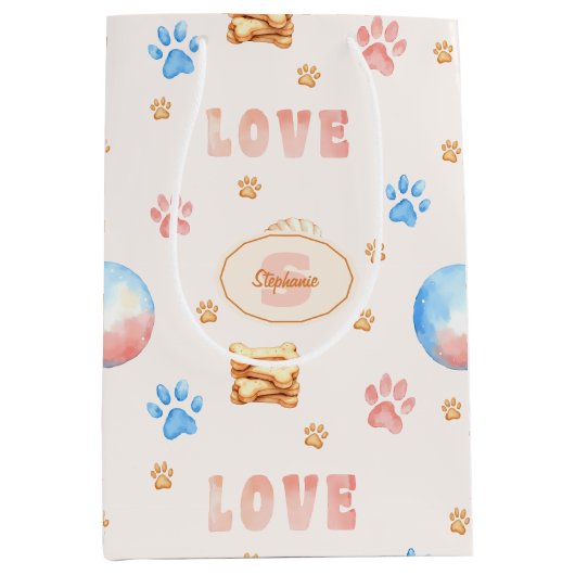 ウォーターカラー「LOVE」デザインと犬の足跡 ミディアムペーパーバッグ (正面)