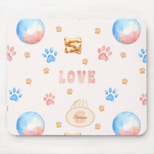 ウォーターカラー"LOVE"デザイン+犬の足跡 マウスパッド (正面)