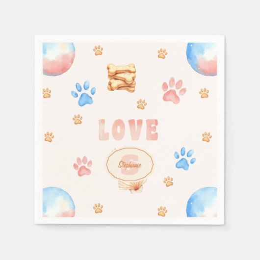 ウォーターカラーLOVEデザインと犬の足跡 スタンダードカクテルナプキン (正面)