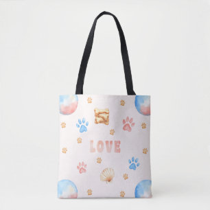 ウォーターカラーLOVEデザインと犬の足跡 トートバッグ