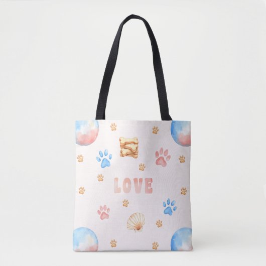 ウォーターカラーLOVEデザインと犬の足跡 トートバッグ (正面)