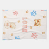 ウォーターカラーLOVEデザイン+犬の足跡プリント キッチンタオル (横)