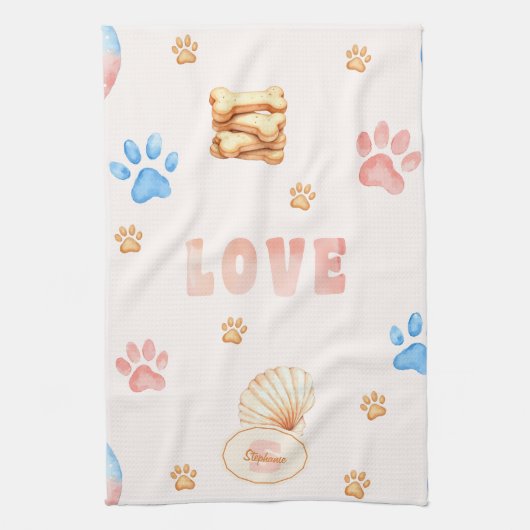 ウォーターカラーLOVEデザイン+犬の足跡プリント キッチンタオル (縦)