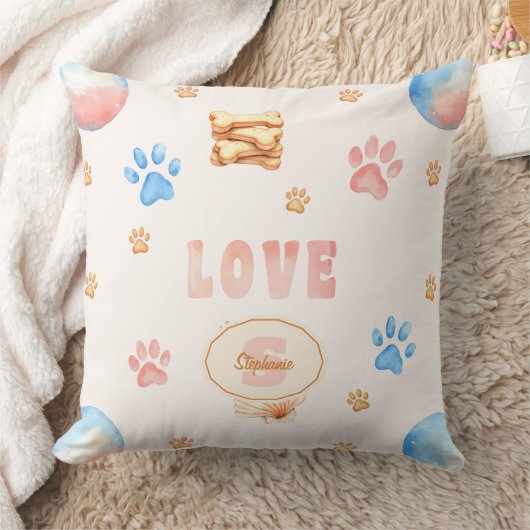 ウォーターカラーLOVEデザイン+犬の足跡 クッション (ブランケット)