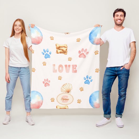 ウォーターカラーLOVEデザイン+犬の足跡 フリースブランケット (インサイチュ)