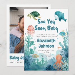 ウォーターカラーQRコードフォト Sea You Soon ベビーシャワー 招待状