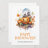 ウォーターカラ不気味ーパンプキンス幽霊のよく出るハウスハロウィーン シーズンカード (正面/裏面)