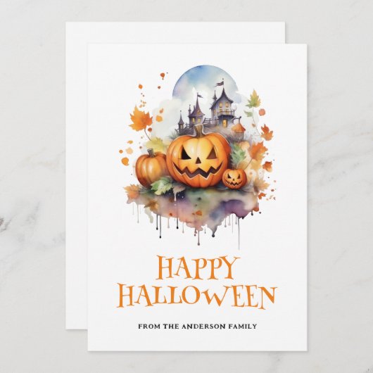 ウォーターカラ不気味ーパンプキンス幽霊のよく出るハウスハロウィーン シーズンカード (正面/裏面)