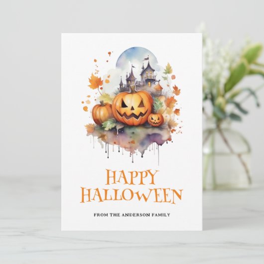 ウォーターカラ不気味ーパンプキンス幽霊のよく出るハウスハロウィーン シーズンカード (スタンド正面)