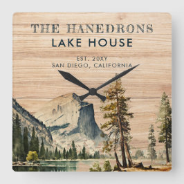 ウォーターカラ素朴ーレイクハウステーマファミリー名 スクエア壁時計