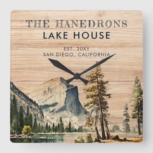 ウォーターカラ素朴ーレイクハウステーマファミリー名 スクエア壁時計 (正面)