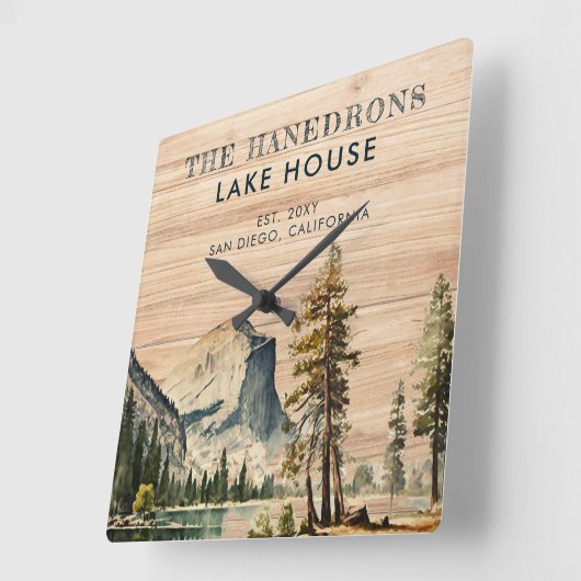 ウォーターカラ素朴ーレイクハウステーマファミリー名 スクエア壁時計 (傾斜)