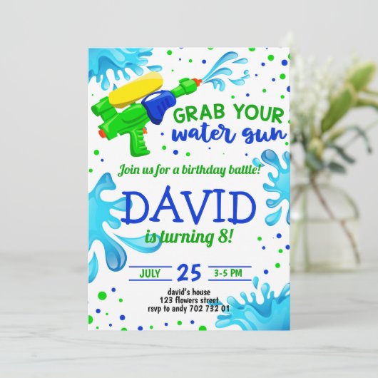 ウォーターガンサマープールパーティーボーイ誕生日 招待状 (スタンド正面)
