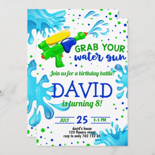 ウォーターガンサマープールパーティーボーイ誕生日 招待状 (正面/裏面)