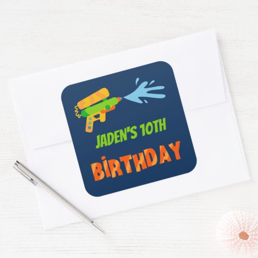 ウォーターガンバトルプールパーティーキッズサマー誕生日 スクエアシール (封筒)