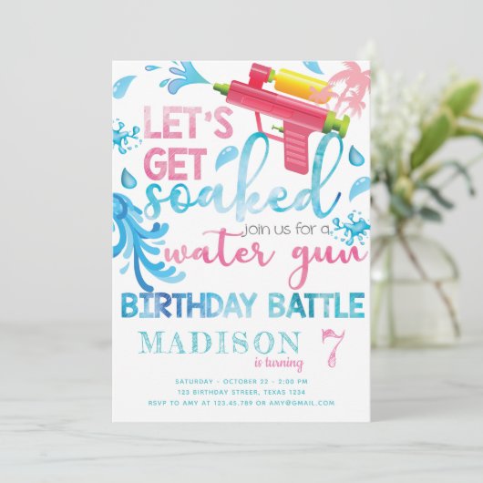 ウォーターガン夏の女の子の誕生日パーティーの招待 招待状 (スタンド正面)