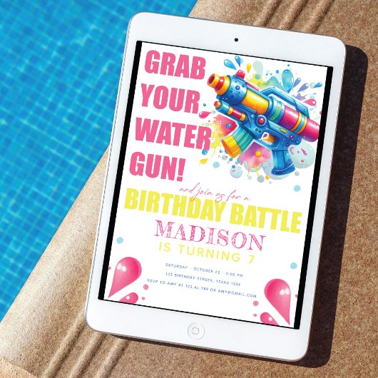 ウォーターガン夏の女の子の誕生日パーティー 招待状