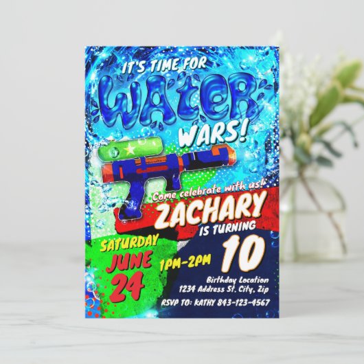 ウォーターガン誕生日招待状テンプレート | 水戦争 招待状 (スタンド正面)