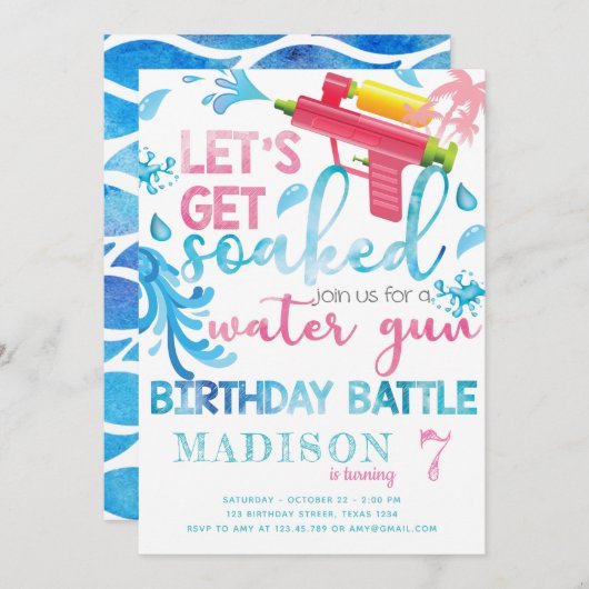 ウォーターガン サマー ガール 誕生日パーティー招待状 招待状 (正面/裏面)