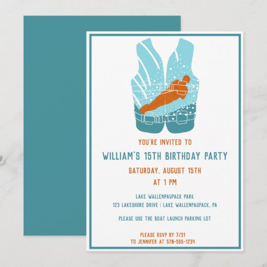 ウォータースキーをテーマにしたカスタムパーティー招待状 招待状 (正面/裏面)
