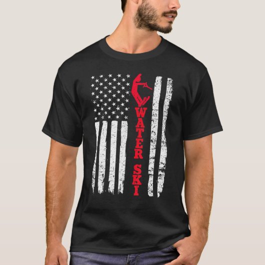 ウォータースキー米国アメリカ国旗のスポーツスキーファン Tシャツ (正面)