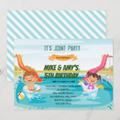 ウォータースライドの男の子と女の子の共同パーティー 招待状 (正面/裏面)