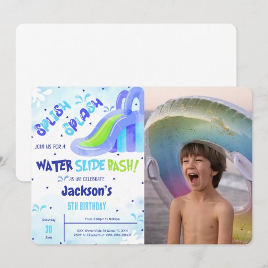 ウォータースライドの誕生日写真招待状 招待状 (正面/裏面)