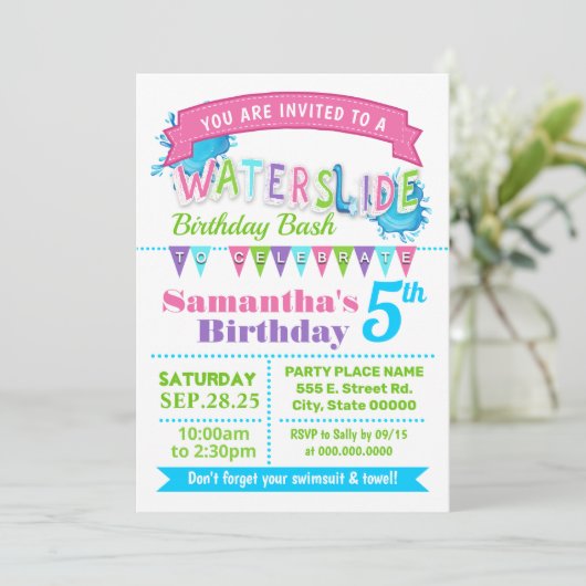 ウォータースライドの誕生日夏のパーティーピンクティール（緑がかった色）紫 招待状 (スタンド正面)