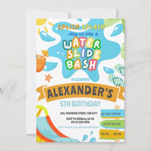 ウォータースライドウォータースライドパークバッシュスプラッシュ誕生日 招待状 (正面)