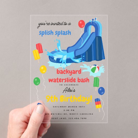 ウォータースライドキッズサマースプラッシュ誕生日 アクリル招待状 (インサイチュ (ポータブル))