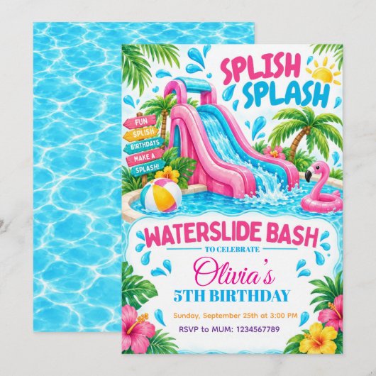 ウォータースライドパーティーの夏の誕生日招待状 招待状 (正面/裏面)