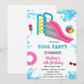 ウォータースライドパーティーの誕生日招待状 招待状 (正面/裏面)