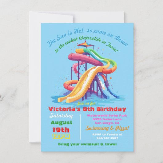 ウォータースライドプカラフルールの誕生日パーティー 招待状 (正面)