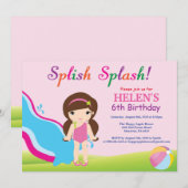ウォータースライドプールパーティー誕生日招待状ガール 招待状 (正面/裏面)