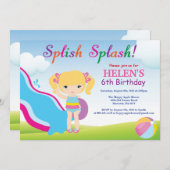 ウォータースライドプールパーティー誕生日招待状ガール 招待状 (正面/裏面)