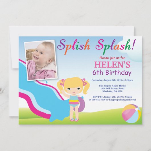 ウォータースライドプールパーティー誕生日招待状ガール 招待状 (正面)