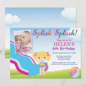 ウォータースライドプールパーティー誕生日招待状ガール 招待状 (正面/裏面)