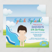 ウォータースライドプールパーティー誕生日招待状ボーイ 招待状 (正面/裏面)