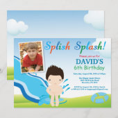 ウォータースライドプールパーティー誕生日招待状ボーイ 招待状 (正面/裏面)