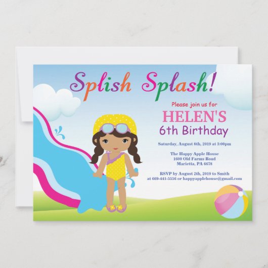 ウォータースライドプールパーティー誕生日招待状 女の子 招待状 (正面)